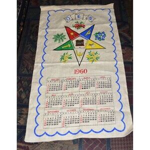 Vtg 1960 Order of the Eastern Star OES Year Calendar Linen Tea Towel Art